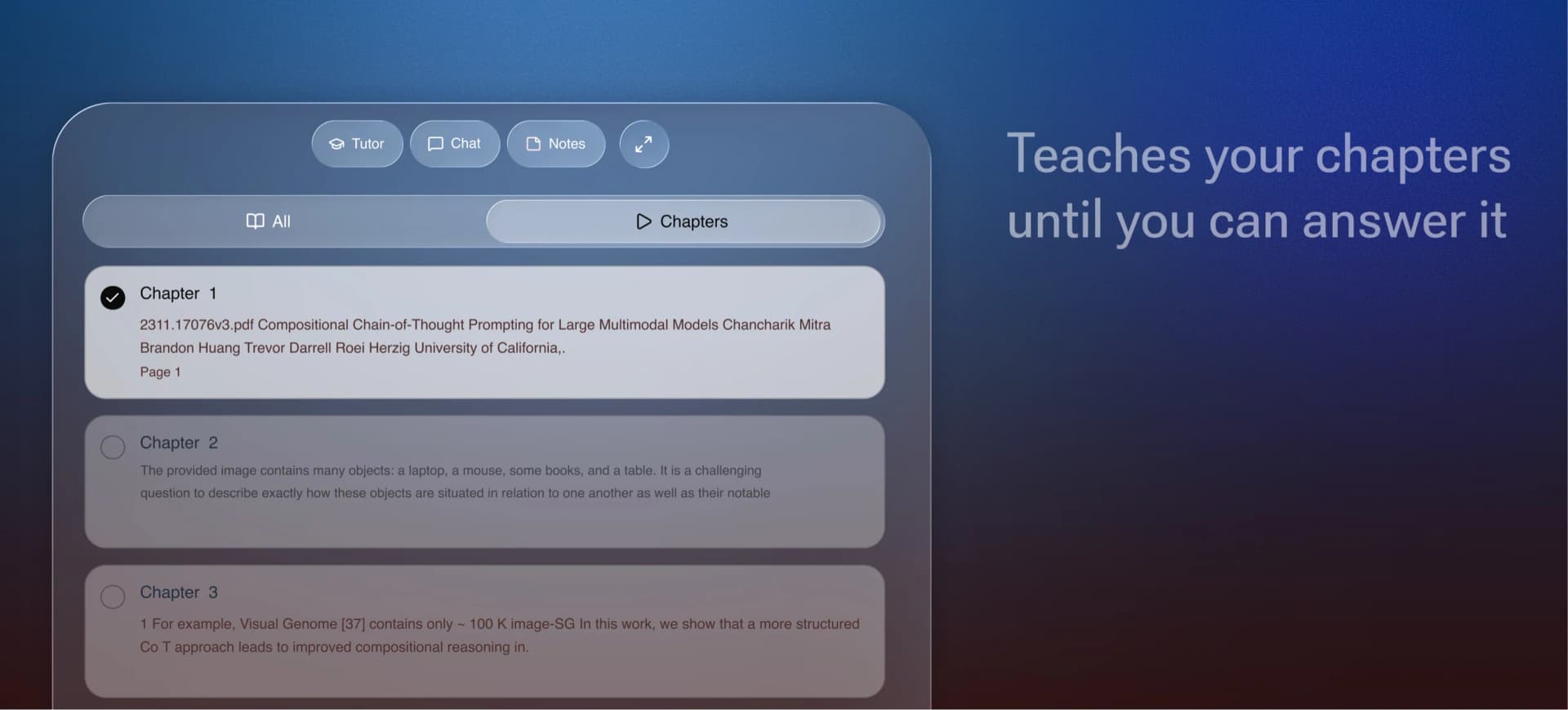Ultra Learn AI tutor teaching chapters until the student understands them