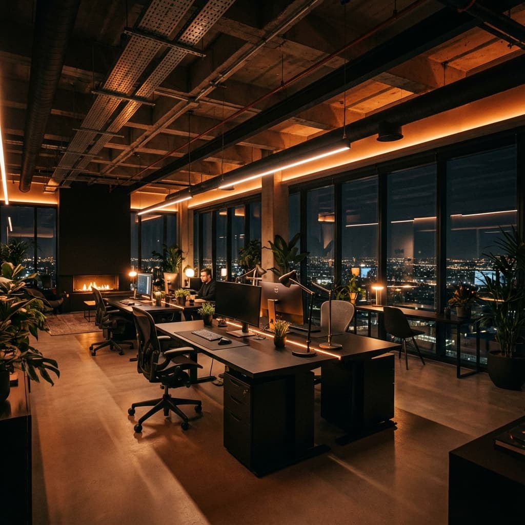 Our modern workspace with warm ambient lighting
