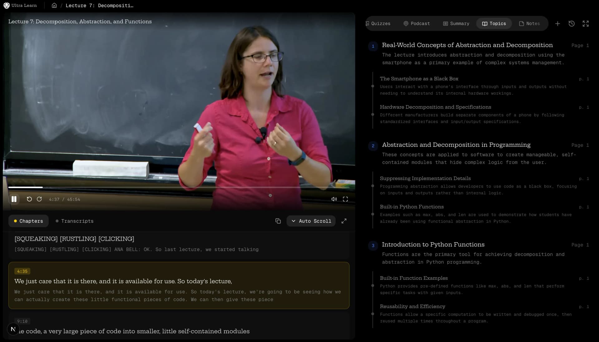 Ultra Learn showing a lecture beside extracted chapter topics